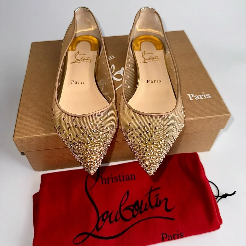 CHRISTIAN LOUBOUTIN Follies Strass Gold Crystal Pointed Toe Ballerina Flats 38 - Picture 4 of 16